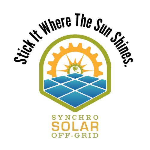 Logo of Synchro Solar featuring a sun, gear, and solar panels in a circular design.